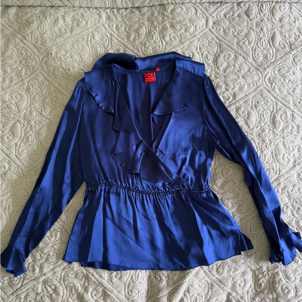Vintage Oscar de la Renta Royal Blue Blouse size 14 , 100% silk